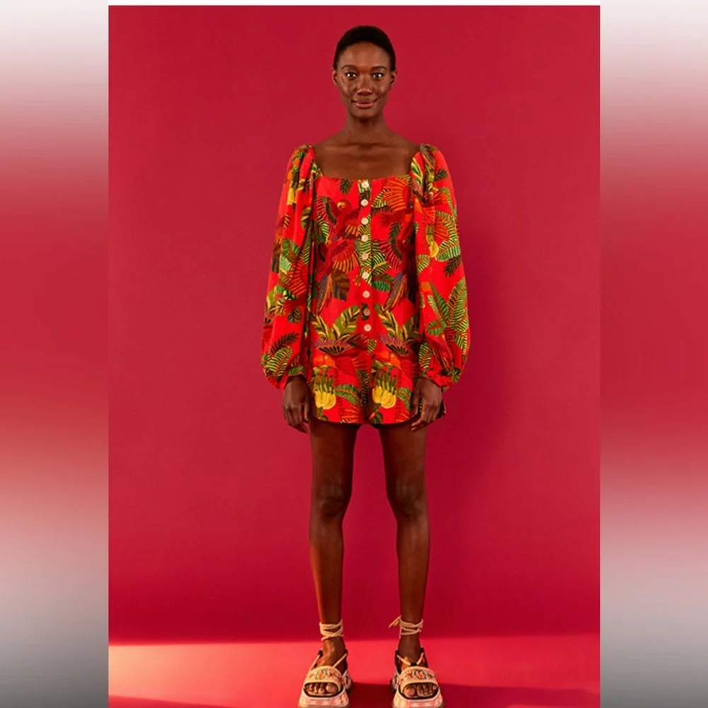FARM Rio NWT Red Forest Birds Romper with Balloon Sleeves and front Buttons. - Picture 4 of 16